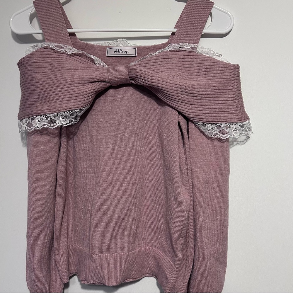 NWOT Ank Rouge Pink Off-Shoulder Sweater with Lace Trim Small - Picture 2 of 3